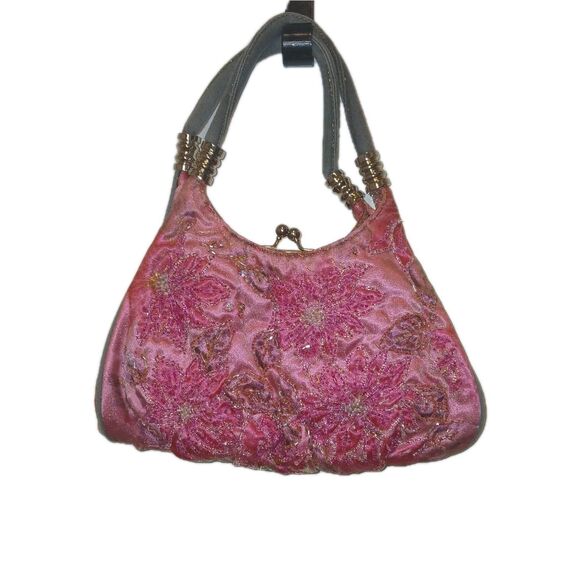 Max Mayer Pink Beaded  Handbag  Gray Handles With 3 Compartments - Picture 1 of 9